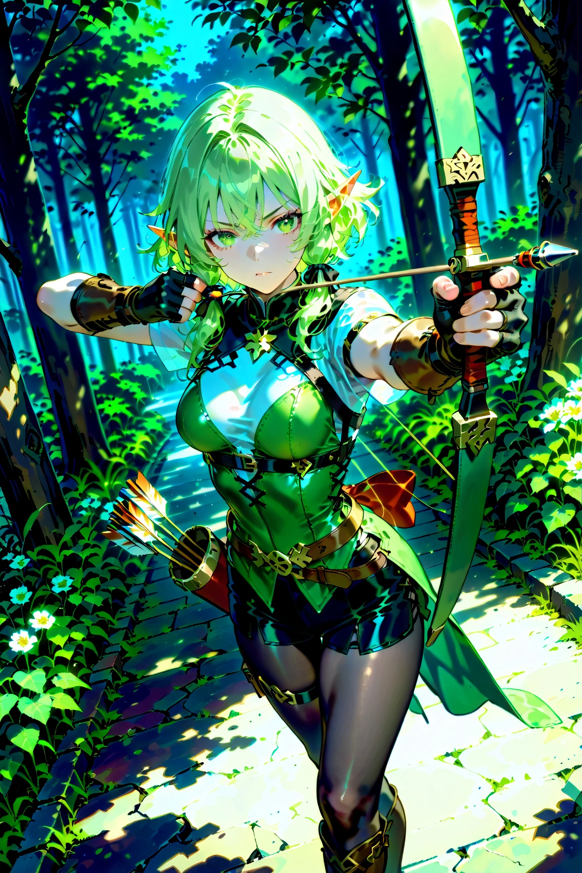 fantasy, 1forest_elemental_girl, fighting, (using_leaves_clothes, green_leaves_covered_breasts, leaves_covered_pussy)+++,medium_breasts,dynamic_pose_standing, light_smile, sleepy, medium_hair, navel,(dark_skin)+, oil, (winding_vine_around_torso)++, plump,forest, trees_background, leaves_headgear, green_leaves_cape, hold_large_long_staff, thighhighs,
