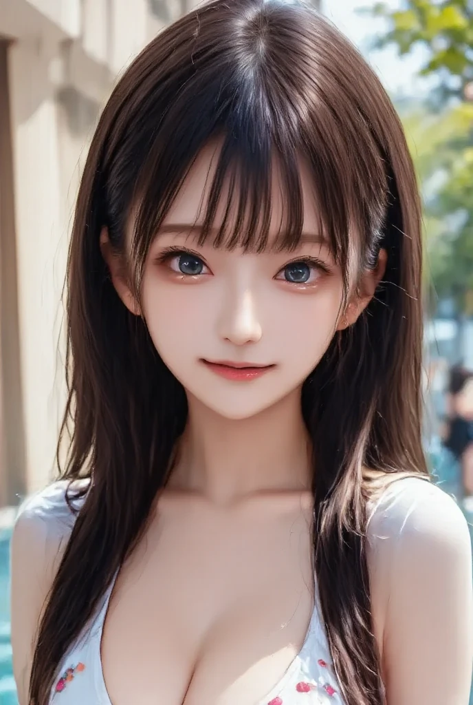 One Girl,(1人のとてもcute女の子:1.3),masterpiece,Highest quality,High resolution,From below,Photorealistic,RAW Photos,Ray Tracing,beautiful girl,(:1.3),cute,Big eyes,(detailed pupils:1.2),(The face is facing straight ahead:1.3),Body facing forward,Beautiful nose,Fuller lips,Short black hair,ponytail,short hair,Detailed eyelashes,Thin eyebrows,Very fine grain definition,(Symmetrical eyes:1.3),(Face close-up,Face Focus:1.0),Small breasts,Short neck,White swimsuit,White Bikini,The background is the sea,Southern Island,Blue sky,White cloud,Portrait,View Viewer,Upper Body,Cinema Lighting,High resolution,Very detailed