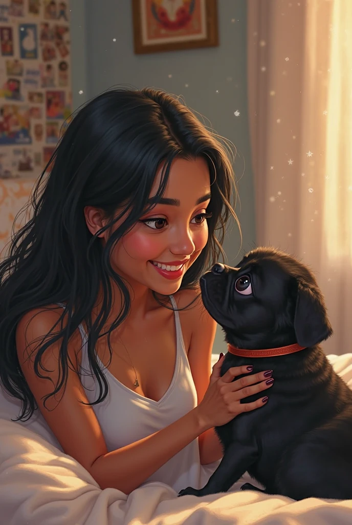 1 happy 3 woman black hair in purple outfit with a black brindle french bulldog