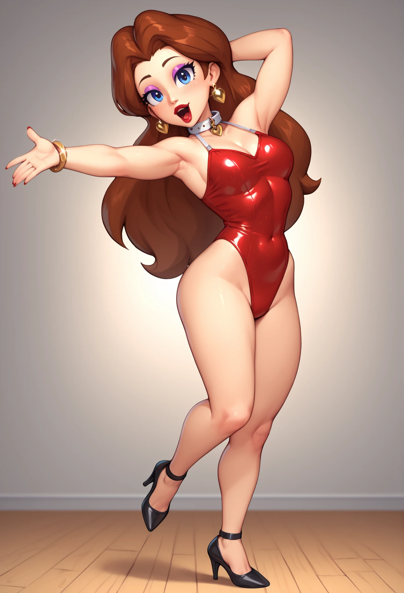 Cute Pauline wearing a sparkling shiny red leotard, black Mary Jane strap tap heels,,performing on stage, black mix with brown hair, eyes are centered,, while standing and tap dancing cute on a small wood board tap dancing, red bow with a white collar on her neck, her cute tapping feet clicking and clacking, natural beautiful makeup,