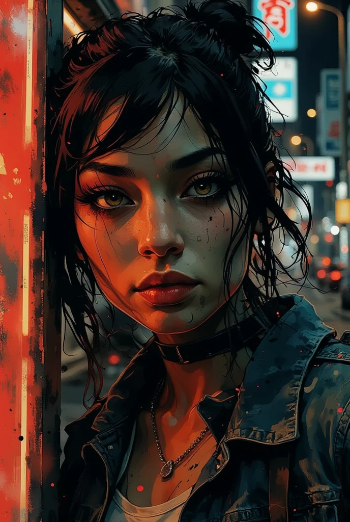
Stunning stylized digital art of an interesting young girl in close-up, expressive slightly closed eyes under long thick eyelashes, pronounced cheekbones, plump shiny moist lips, dark detailed hair, asymmetrical bangs, careless hairstyle, denim jacket, white blouse, girl leaning against a neon sign on a city street at night, night, neon signs, side, high detail, a mix of realism and illustrative style, imitation of hand-made art, sketching, ink style, drawing

