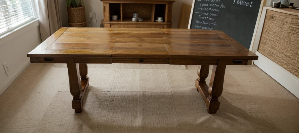 Design a vintage table that captures the charm and elegance of a bygone era. The table should have a sturdy wooden frame, with a rich, distressed finish that reveals the wood's natural grain and history. The tabletop could feature intricate inlays or a slightly worn patina, suggesting years of use and care. The legs should be gracefully turned or cabriole-shaped, with ornate carvings or fluted details, inspired by 18th or 19th-century designs. Consider adding subtle details like brass or bronze accents, such as drawer pulls or corner brackets, to enhance the antique feel. The overall design should evoke a sense of nostalgia and timelessness, making it a perfect piece for a cozy, vintage-inspired living or dining space