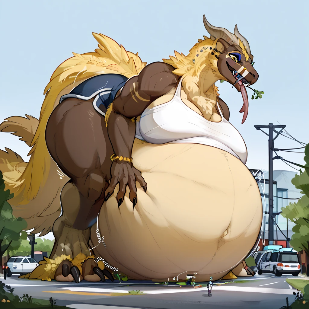 masterpiece, high quality, hd, 4k, 8k, upscale, realistic, detailed background, adult age, (feral:1.4), gynomorph, female, (zamtrios), (fat), (big bbw:1.1), huge legs, monster legs, muscular body, voluptuous, sexy body, huge hips, huge thighs, standing spread legs, rear view, raised tail, (by buta99, by bebebebebe, by con5710), (nsfw), innie pussy, snout, good drawn face, short neck, monstrous style, big terth, sharp teeth, open mouth, short belly
