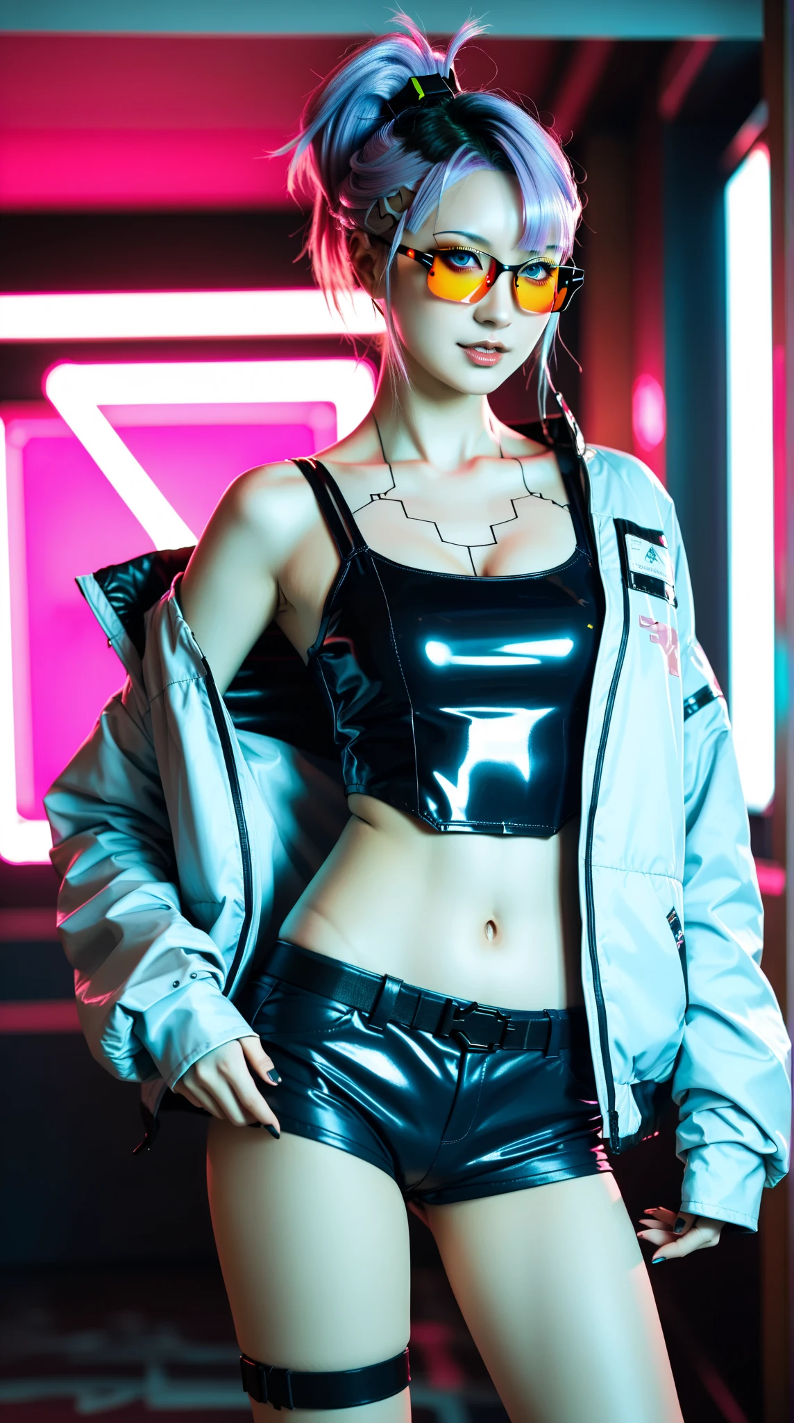 ((Melhor Qualidade)), ((Obra-prima)), (Muito detalhado:1.3), 3D, Bonito (Cyberpunk:1.3) Hacker feminino, cabelo grosso, roupas reveladoras, terminais de computador operacionais, servidores de computador, telas LCD, fibre optic cables, logotipos corporativos, HDR (High Dynamic Range), ray tracing, NVIDIA RTX, Super Resolution, Unreal 5, Espalhamento subsuperficial, texturas PBR, Post-processing, anisotropic filtering, Profundidade de campo, Maximum Sharpness and Sharpness, Texturas multicamadas, Mapeamento especular e de albedo, surface shading, Precise simulation of light-material interactions, perfectly proportions, octane rendering, duotone lighting, ISO baixo, white-balance, rule of thirds, ampla abertura, 8K RAW, high efficiency subpixels, Subpixel convolution, glow particles,