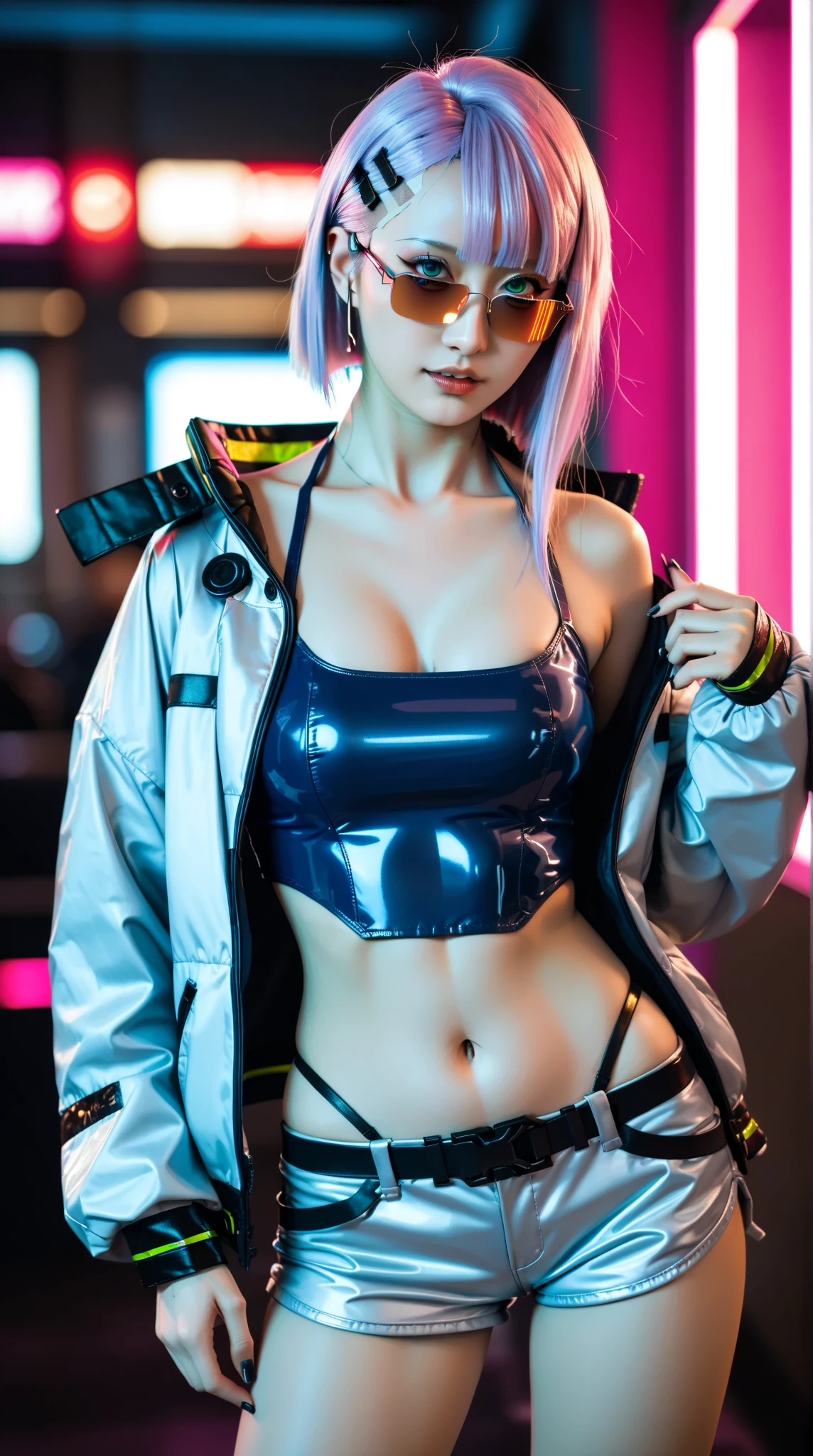 A girl cyberpunk, ultra UHD, ultra detailed, violet perple cinematic, highres, smiles
