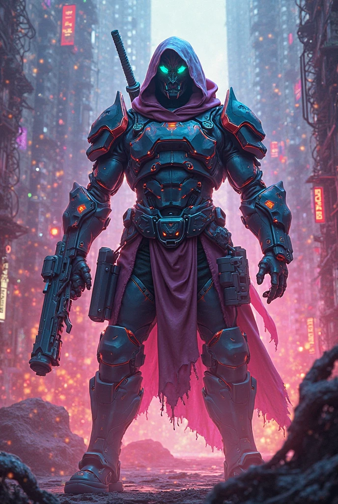 cyberpunk style, 1 men, skeletor, whole body shot, cyberpunk clothes, male focus, cyberpunk background, Robot, Science fiction, standing alone, whole body, wires and cables,