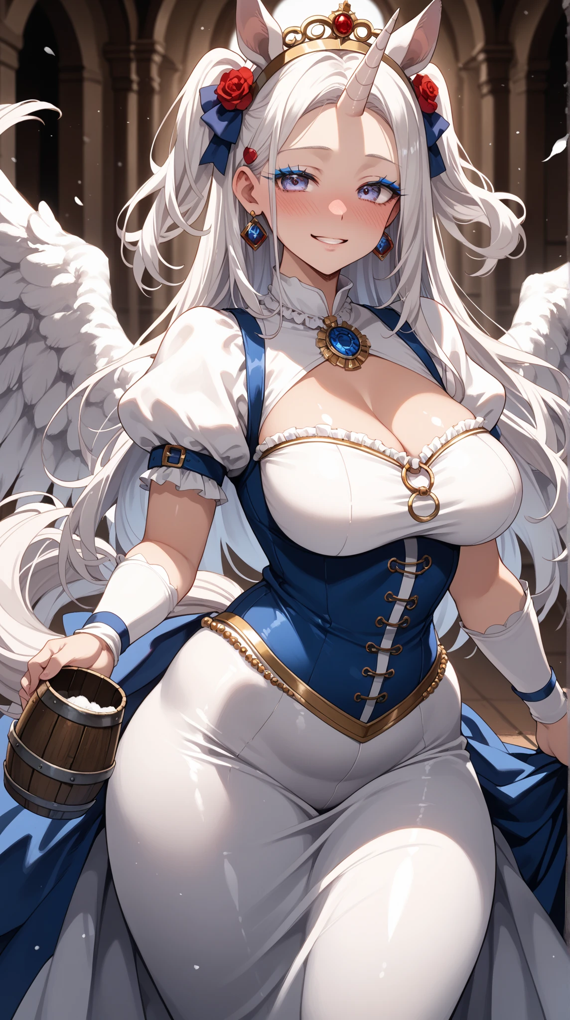 eleonora bonnefoy, sexy, (doggy style: 1.2), table top, (penetration: 1.2), silver hair, blue eyes, glamorous body, angel wings, (big breasts: 1.6), beautiful cleavage, (white elbow gloves), ((luxurious dress, pure white)), wide hips: 1.2, big ass: 1.3, (fluttering in the sky, flying in the sky sexy pose, big), (four fingers, one thumb), (shooting, front, from below), (sky background, clouds, sun, bird, in the sky), (ultra-detailed animation, 32K ultra-high quality, masterpiece)