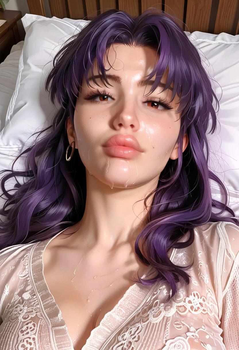 ((Best quality, 4k, Masterpiece)), 1girl, fit, beautiful and realistic, egirl, fading purple dyed hair, hair has bangs, laying down on a bed, fully dressed egirl clothing, ((sticking tongue out))