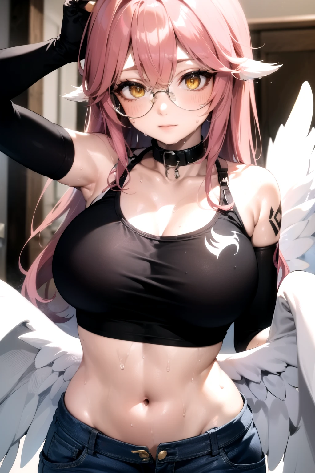 jibril, BREAK jibril, angel, angel wings, collar, animal ears, bird ears, compass rose halo, feathered wings, feathers, gradient hair, halo, long hair, low wings, multicolored hair, pink hair, symbol-shaped pupils, big breast, white wings, wing ears, wings, (yellow eyes:1.5), seductive look, seductive smile, Shiny skin, clothing. Big breast. Sexy, hot, attractive, alluring, narrow eyes.
BREAK zoomed in, cropped face, (elbow gloves, black crop top, midriff, tank top, round glasses:1.3), (jeans, denim pants:1.1), (open pants:1.4), (her pants are slightly down:1.3). long sleeves, hot, breast tattoos, (sweat:1.7), (wet:1.2). (tattoos:1.1), voluptuous, curvy. armpits.
BREAK (masterpiece:1.2), best quality, high resolution, unity 8k wallpaper, (illustration:0.8), (beautiful detailed eyes:1.6), extremely detailed face, perfect lighting, extremely detailed CG, (perfect hands, perfect anatomy), narrow eyes.