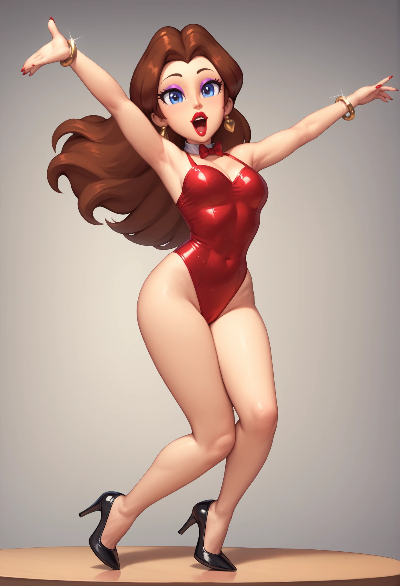 Cute Pauline wearing a sparkling shiny red leotard, black Mary Jane strap tap heels,,performing on stage, black mix with brown hair, eyes are centered,, while standing and tap dancing cute on a small wood board tap dancing, red bow with a white collar on her neck, her cute tapping feet clicking and clacking, natural beautiful makeup, facing you while tap dancing