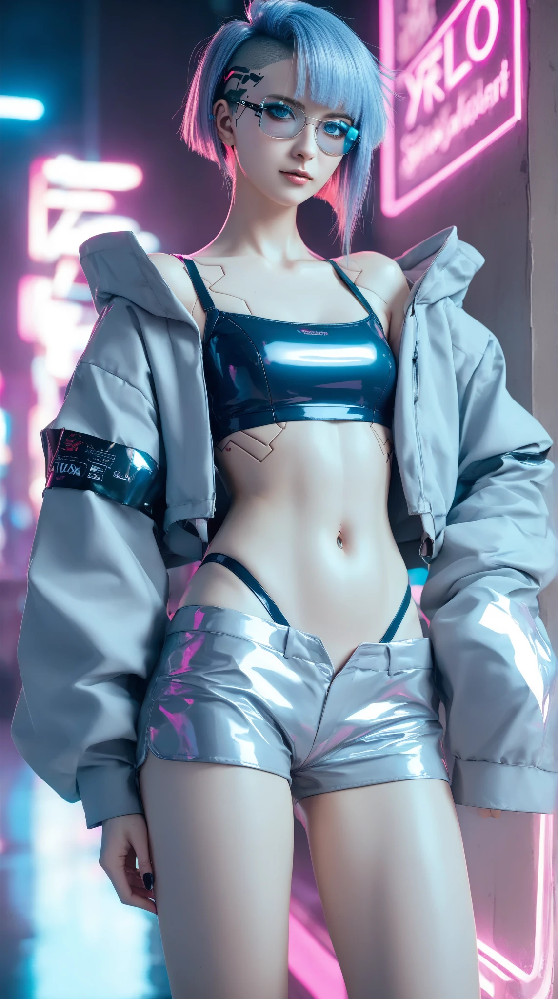 ((Masterpiece)), best quality, absurderes, ultra detailed, holographic, cowboy shot, golden ratio, super cute girl, mature girl, idol girl, super beautiful asian girl with very beautiful violet glowing eyes, beautiful glowing brown multicolored hair, high ponytail, nice and sexy body, slim body, perfect body, wearing a super tight anime printed leotard, an anime printed super tight off shoulder long sleeve crop top, a super aesthetic transparent mini jacket, beautiful hair ornament, pink jordan tennis, being photographed in a mall shop, with her handsome skinny boyfriend, with black messy glowing hair and super casual clothing