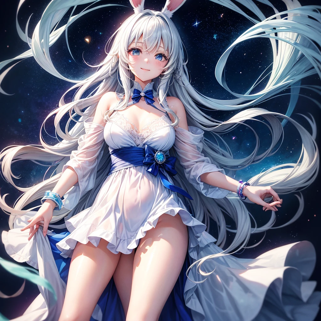 (Masterpiece), ((best quality)), 1girl, ((angle from below)), ((from below)), ((looking down)), smirk, long hair, white hair, cat ears, blue eyes, arms up, ((big breasts)), ((wide hips)), (pastel blue latex bunny suit, skirt), moon, stars
