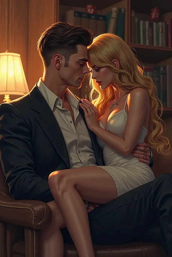 A woman with long, straight golden blonde hair, with a light blue dress and light blue heels, she is in profile, desperately sitting astride the legs of a muscular and handsome man, He wears a completely black suit, who is sitting on a metal chair with his hands tied. In the background of a kidnapping site. A KIDNAPPED MAN, ON A METAL CHAIR WITH HANDS TIED (with ropes) BEHIND THE CHAIR, AROUND HIM THERE WERE PEOPLE SHOOTING WITH GUNS, SHE IS SITTING ON HIS LEGS TO PROTECT HIM FROM THE GUNS, HE IS ALMOST HUGGING HIM. profile picture. animated art