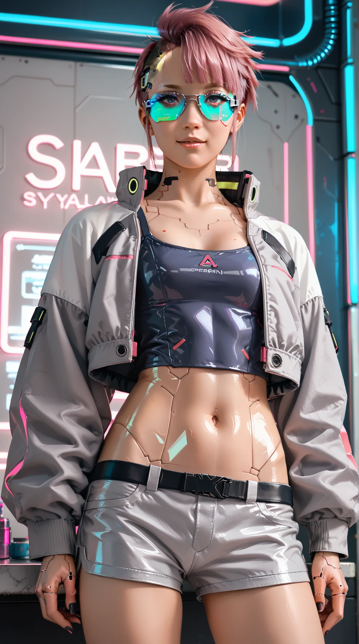 ((Best quality)), ((masterpiece)), (highly detailed:1.3), .... 3D, beautiful (cyberpunk:1.3) , Stylish woman looking at camera, black pants, black t-shirt