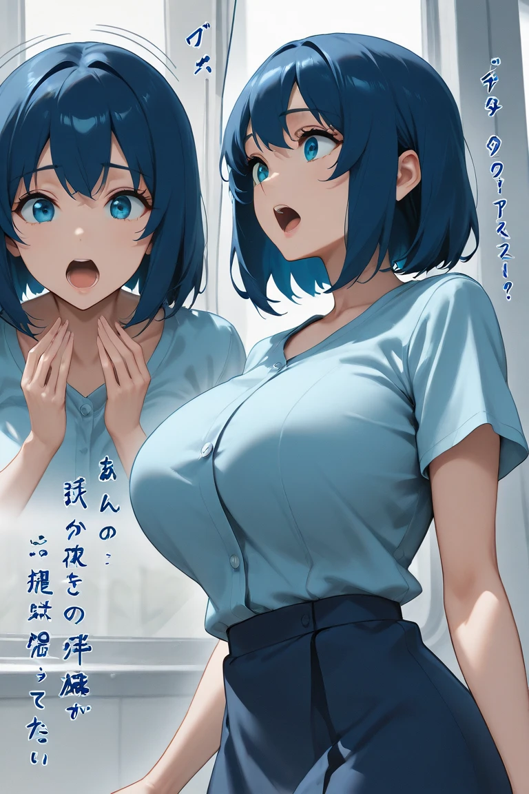 Large Breasts, HAZUKIYUZUKO, BLUE HAIR, BANGS, SHORT HAIR, BLUE EYES,, smile, Browsing Caution, naked, , nipple Alone