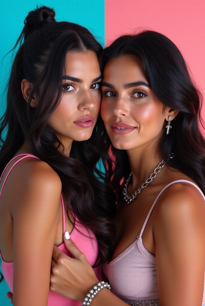 2 WOMEN, MILF, mexican, BBW, photo vintage, visage feminin parfait,  cheveux tres  LONG, tache de rousseur, 1969, big huge breasts : 38H, front VIEW, (  PINK FLUO  latex suit,  V-NECK, BIG CLEAVAGE,  BEAUTIFUL EYES, PERFECT EYES, BEAUTIFUL HANDS, LIGHT SMILES,  PERFECT FACE,, tres long décolleté, PINK background color) , aroused, TITS IN FOCUS, NORMAL EYES, DETAILLED EYES, PAIRED EYES. SMILING, 2 SISTERS