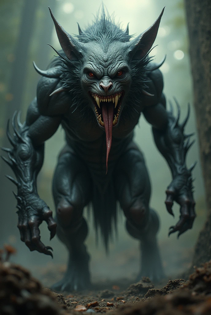 macabre creature, quadruped, with sharp teeth, gray and hard skin, terrifying eyes, scary, the beard, ferocious, cruel, in a dark and evil environment. Professional realistic photo, cinematic framing, Action style.