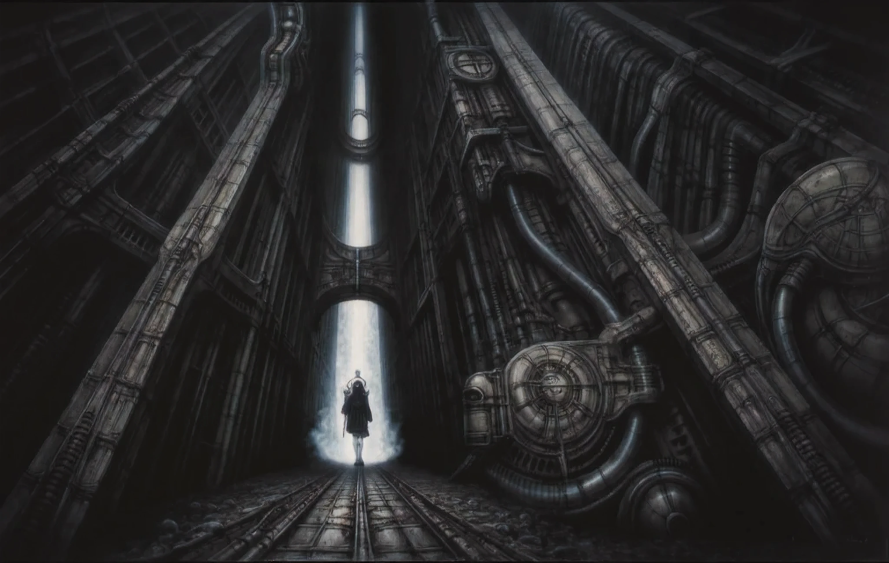 Create a biomechanical surrealist composition in the style of H.R. Giger The image depicts a highly detailed, intricate mechanical structure that is opened criocapsule with a futuristic design, supporting pipes, valves, and complex mechanicals emphasizing an intimate, enclosed environment constructed from a dense, interlocking matrix of sinewy tubes, hydraulic pistons, and organic armor-like forms. The composition should follow a horizontal, womb-like curvature, drawing the viewer's gaze into the center where a stylized humanoid figure—feminine and serene—is embedded and partially fused into the surrounding machinery. Her face should be smooth, doll-like, and expressionless, emerging from a coil of dark, flexible conduit, with her body either incomplete or replaced by amorphous, ovular biomech structures.
The structural layout must be closed and compact, with every form interdependent and overlapping: large crescent-like forms embracing spherical and pod-like volumes, smaller pipework coiling into and emerging from larger vertebrae- or muscle-like shapes. Visual rhythm is created by alternating convex and concave forms, mimicking anatomy—tendons, bones, and soft tissue—integrated with mechanical components like couplings, ducts, and industrial plating.
Lighting should be minimal and dramatic, with diffuse overhead shadows and luminous uplighting reflecting softly off pearlescent, metallic surfaces—creating contrast between slick, polished tubes and matte, textured zones. Surfaces must exhibit wear: micro-pitting, scratches, and oil stains, evoking a lived-in, post-organic dystopia. The artistic style is hyper-realistic in detailing, but deeply surreal in essence—melding flesh with machine in a claustrophobic harmony. All elements should feel gestated in the same biomechanical womb, part erotic, part industrial, and deeply uncanny.
, (Proportion:1.1), , (Reflected light:1.2), Parchment, ultra detailed, intricate,, dry b (best quality:1.4), H.R. GIGER, BY GIGER