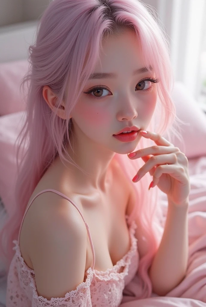 8k, RAW photo, best quality, masterpiece:1.2), (realistic, photo-realistic:1.4), (extremely detailed 8k wallpaper), japanese 20 age woman,Ultra-detailed cute face, Detailed eyes, Double eyelid,lingerie, full body,(topknot, Huge breasts :1.2,(pink hair ),Tears mole),View from above,lying on the bed,cute hair