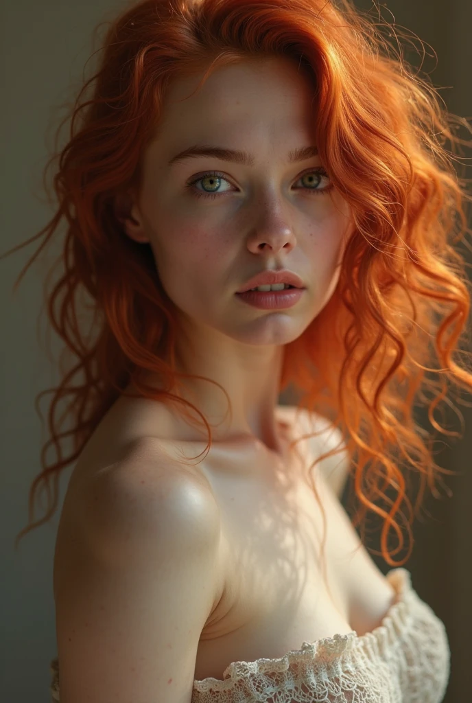 a 25 year old girl, em topless, with small breasts, leaning out of the window of her rustic house in Provence. dark bedroom, natta. Dim street light. She has curly red hair, below the shoulders. nebula filter, styled by photographer David Hamilton