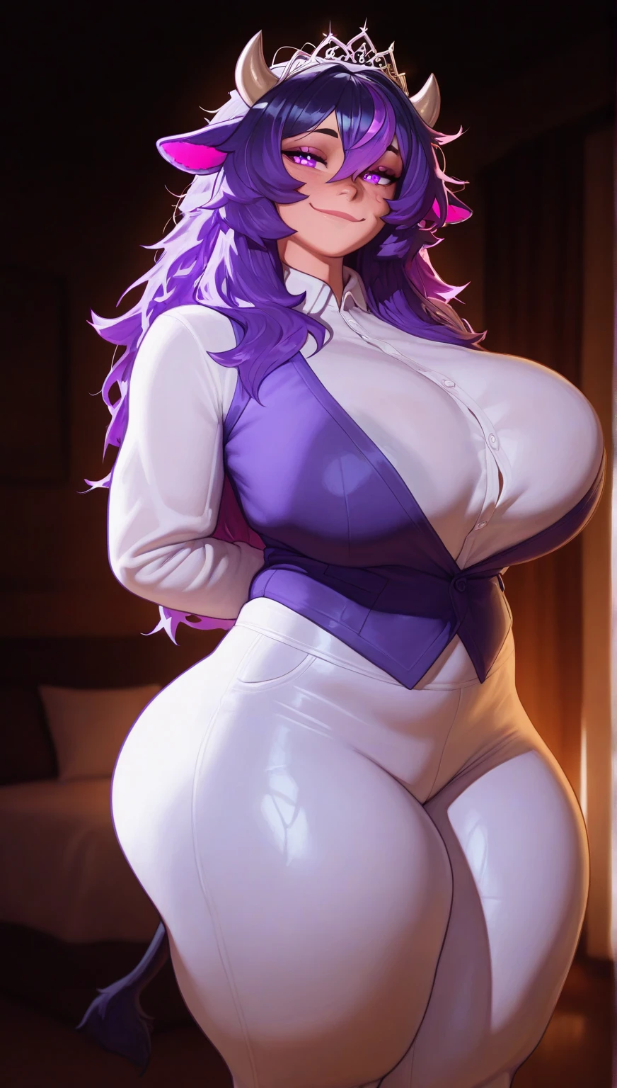 an overweight girl big chest sexy beautiful tenderness long soft wavy purple hair her light blue eye bright pink lip she wears a suit short blue button top sexy curve and her pants Big jeans sexy thigh black heels