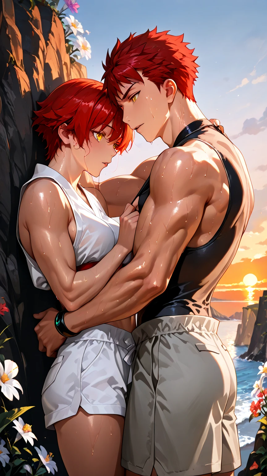 Two handsome young Korean males, one elf, ,one human, with rainbow hair, and facial features that are a harmonious blend of Cha Eun Woo, Nam Dareum, and Jung Haein. erotic, 8 pack abs, crazy hair colors, huge balls, long hair extremely masculine muscular men, with. Embracing shirtless in the rain, kissing ,with soaking wet white shorts, bog balls, huge bulge, ripped clothes,