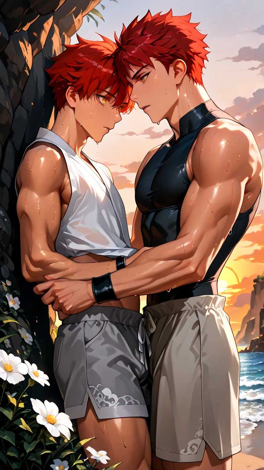 2boys kissing, (Natsu Dragneel:1.1) and (Gray Fullbuster:1.1), masterpiece, best quality, shirtless slim lean boys young adults standing in a sunflower field with vivid sunflowers. The men are muscular lean slim and well built, with shiny bodies and defined muscles. The men are naked completely, ((naked)). The men are wearing a necklace, and dripping wet and soggy in a field with blue sky and clouds. sexy expression. ((Handsome face:1.2)), sexual tension in the air,