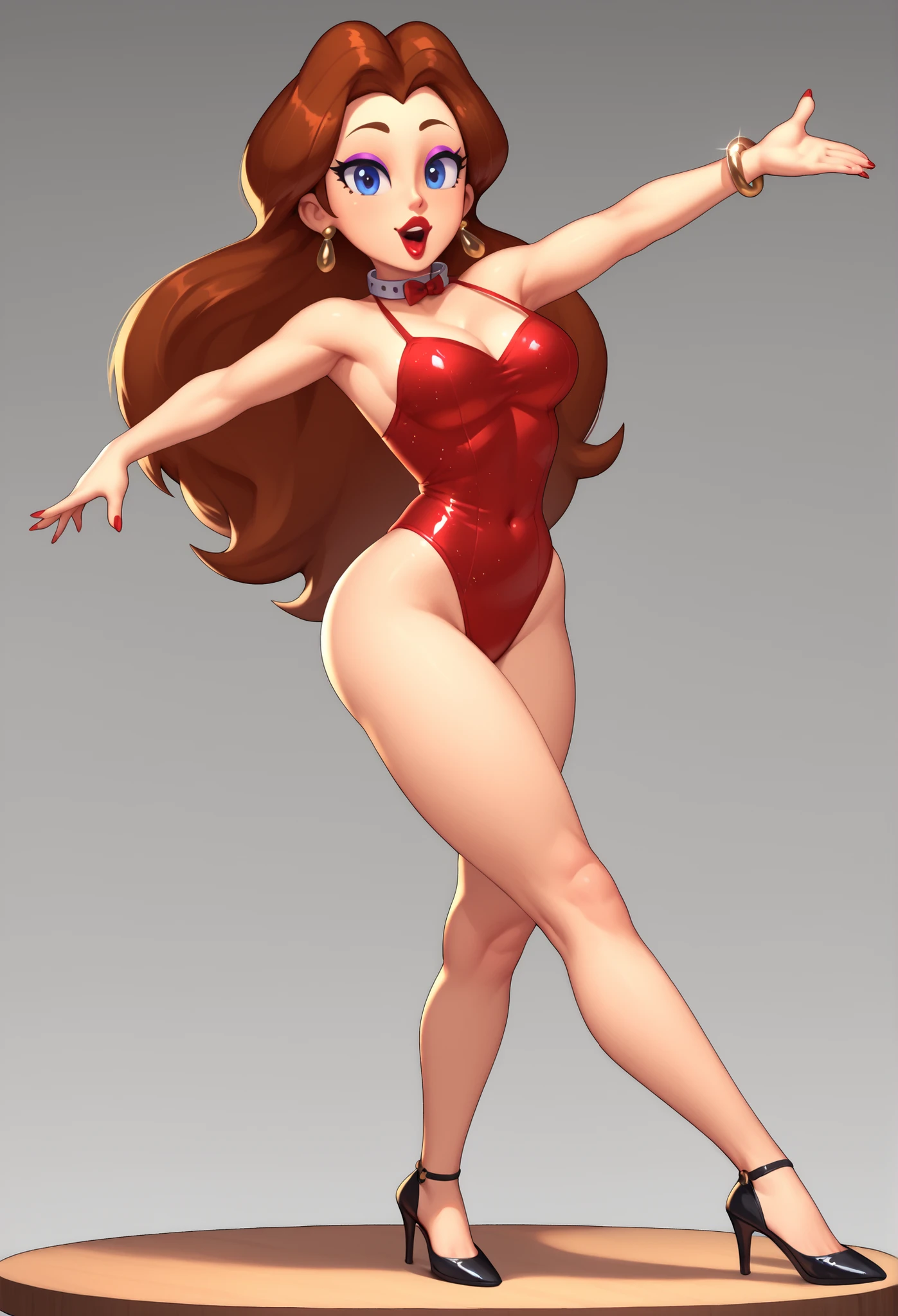 Cute Pauline wearing a sparkling shiny red leotard, black Mary Jane strap tap heels,,performing on stage, black mix with brown hair, eyes are centered,, while standing and tap dancing cute on a small wood board tap dancing, red bow with a white collar on her neck, her cute tapping feet clicking and clacking, natural beautiful makeup, facing you with her body while tap dancing