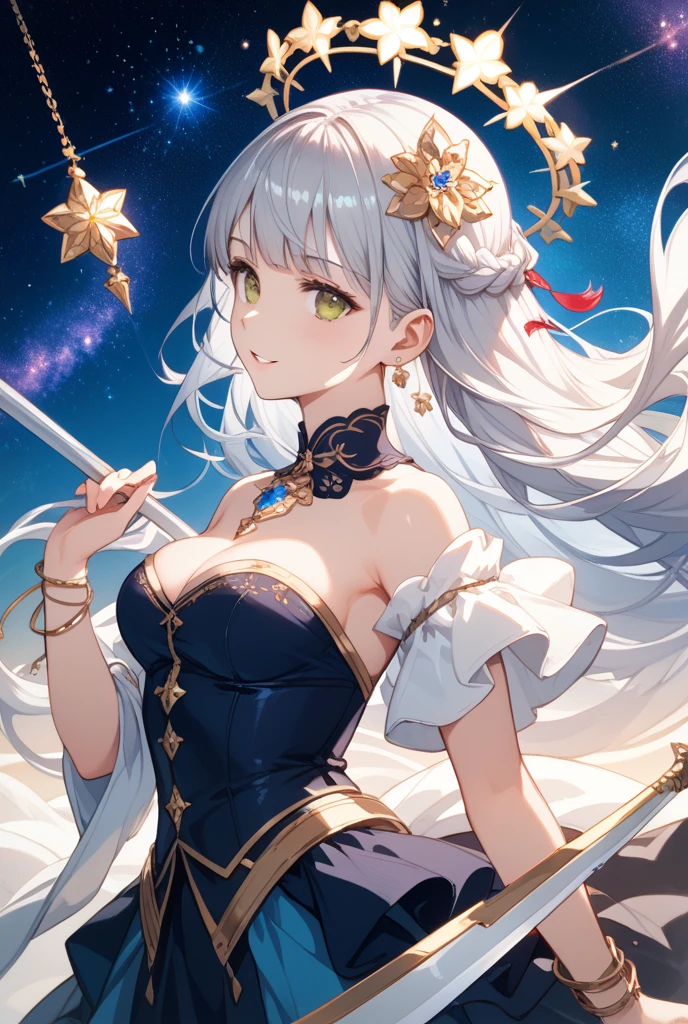 1 girl、Silver Hair、ponytail、Fantasy dancer's outfit、Orange decoration、accessories、Expose、Bigger breasts、