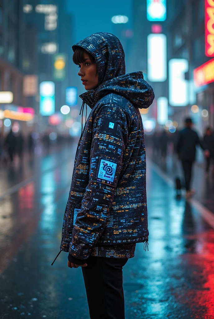 masterpiece, best quality, amazing quality,(Information terminal clothing, the clothing is a liquid crystal display, the clothing is a monitor screen, displays information,the clothing is like a thin smartphone attached to the whole body),Full body shot of an 1 standing man, electric jacket,hood, hidden face, glitch,solo,screens,(cyberpunk),futuristic,very aesthetic,SF,The background is city scape, reflecting the glitching effect.(digital art, cyberpunk aesthetic,, ultra-realistic details, dramatic lighting, high contrast, vivid colors, intricate textures), showcasing intricate details throughout, Cinematic, beautiful, vibrant, masterpiece, ultra HD, ultra-detailed, amazing quality, amazing artist, sharp edges, detailed textures, full view, atmospheric lighting, amazing visuals