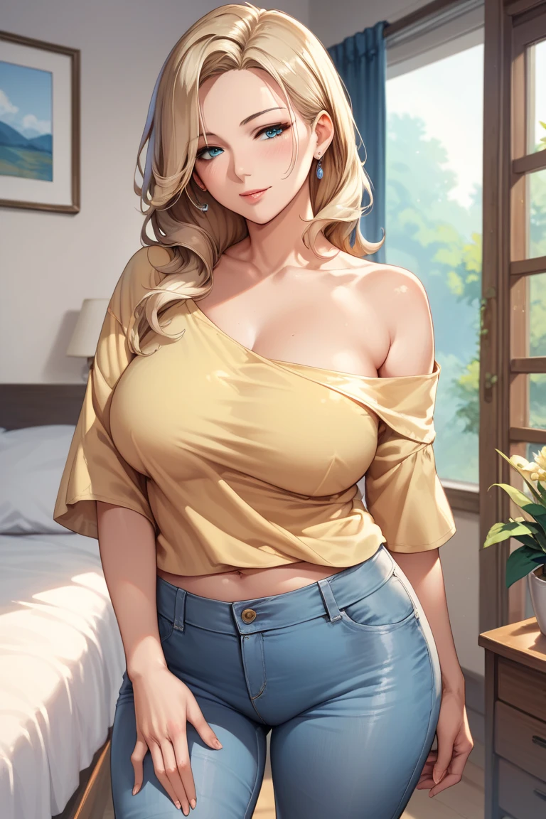 masterpiece, best quality, finely detailed, 1girl, (blonde), (bishoujo), cute, (green eyes), (eyelashes), (huge breasts), (cleavage), (white shirt:1.2), (open shirt), sitting on a sofa, lamp, window, night, delicate interior design, braless, covered nipples