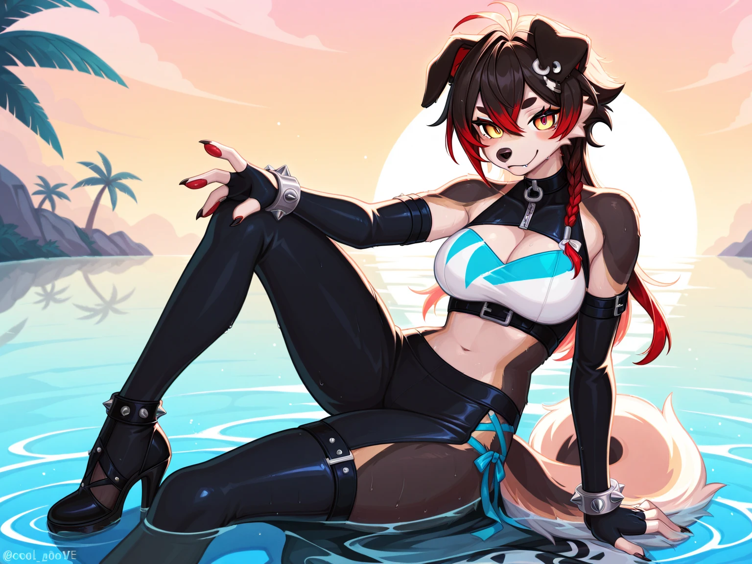 Highest quality, Highest quality, High quality illustrations, masterpiece, Ultra-high resolution, Detailed Background, beach, Absurd, Perfect Anatomy, performance, Good lighting, Shadows in the movies(kemono, Furry Personifi猫ion), latex, neon, neonカラー, cyber punk, Swimwear, sunglasses, Tattoo, Dynamic Angle