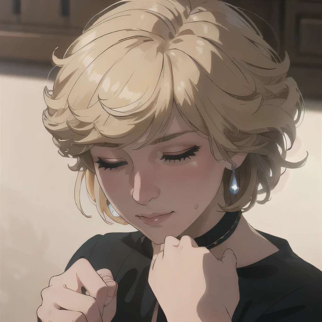 (masterpiece:1.3), (8K, Realistic, RAW Photos, Highest quality: 1.4), (One Girl), Beautiful Face, (Realistic Face), Beautiful Hairstyles, Realistic eyes, Beautiful details, (Realistic Skin), Beautiful Skin, Absurd, charm, Ultra-high resolution, Ultra-realistic, Very detailed, Golden Ratio, (Best Shadow), Cinematic, (Complex:1.4), High Contrast, Side lighting, ((Accurate hands and fingers)), Caucasian female, ((Princess Diana)), ((Black blouse)), (Blonde Hair, short hair:1.3), NSFW (大きな胸), くびれたウエスト, 大きな尻, (closed eyes), ((嫌がる)), ((closed mouth)), (hate), フラッシング, (汗), ((cowboy shot:1.1))