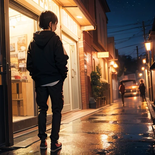 A boy standing alone in rainy street with full attitude .Make cartoonic