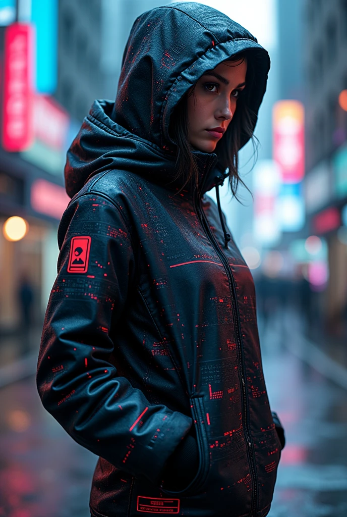 masterpiece, best quality, amazing quality,(Information terminal clothing, the clothing is a liquid crystal display, the clothing is a monitor screen, displays information,the clothing is like a thin smartphone attached to the whole body),Full body shot of an 1 standing man, electric jacket,hood, hidden face, glitch,solo,screens,(cyberpunk),futuristic,very aesthetic,SF,The background is city scape, reflecting the glitching effect.(digital art, cyberpunk aesthetic,, ultra-realistic details, dramatic lighting, high contrast, vivid colors, intricate textures), showcasing intricate details throughout, Cinematic, beautiful, vibrant, masterpiece, ultra HD, ultra-detailed, amazing quality, amazing artist, sharp edges, detailed textures, full view, atmospheric lighting, amazing visuals