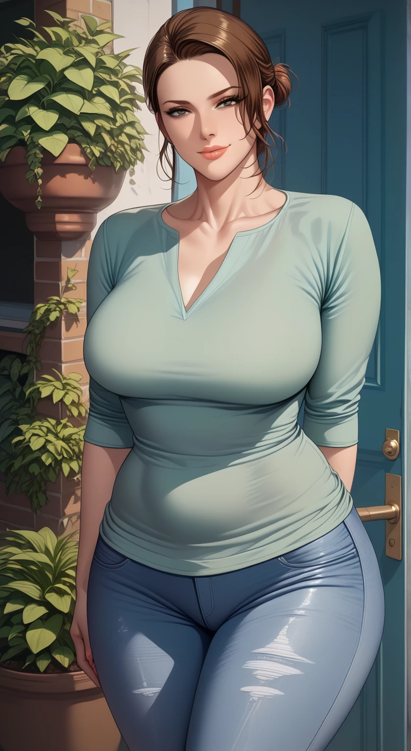 masterpiece, best quality, (1 solo mature woman with brown ponytail), large chest, curvy physique, aqua green eyes, full lips, seductive, smiling, (((wearing white low open button up sweater))), (((tight jeans))) cleavage, relaxing on bed, blushing, (wide hips), (big boobs) showing cleavage, blue sweater, solo, alone (((SOLO))), (((ALONE))),, (bedroom)