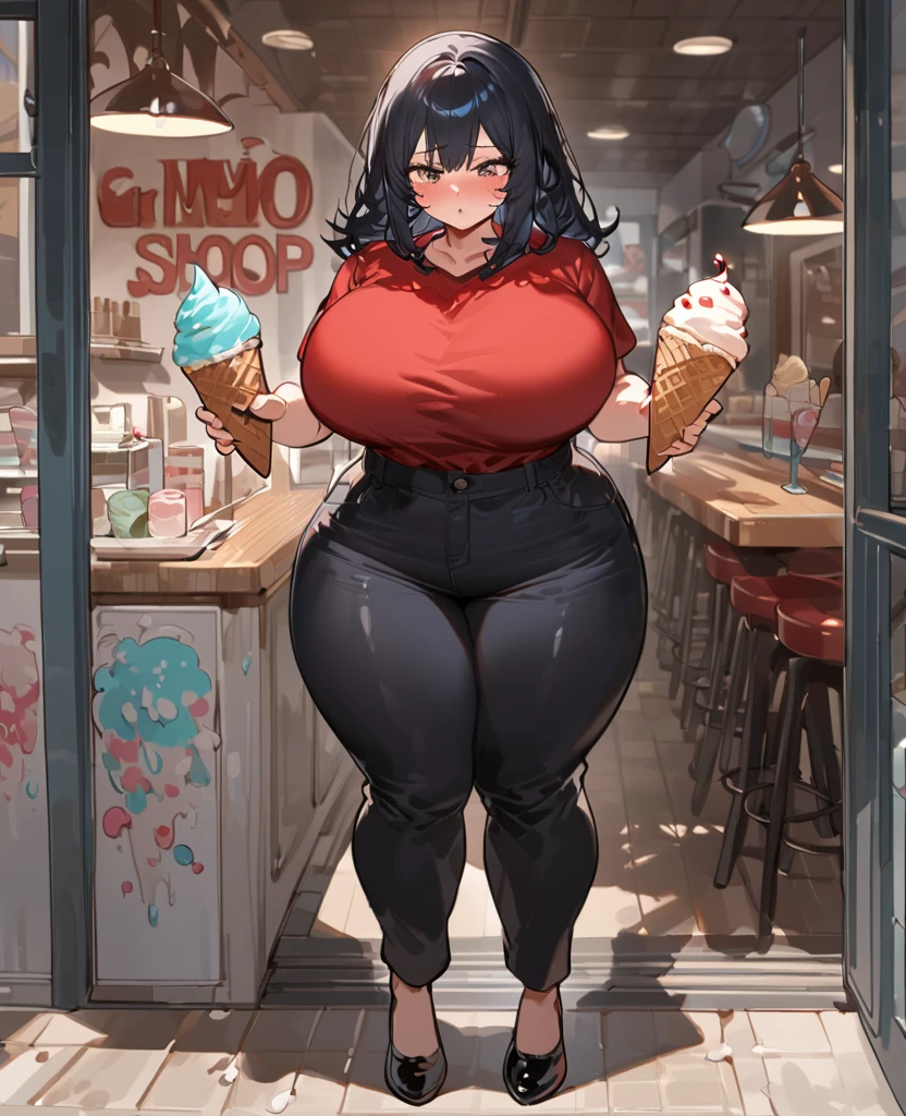 ((((kipteitei art)))), ((highres)),Masterpiece, high quality, best quality, beautiful, perfect lighting, detailed face, ultra cute face, ((1girl)), ((solo), ((((sarashina ruka)))), ((blue hairband)), dress shirt, black vest, black pants, work uniform, (tight clothes), black socks, loafers, looking at viewer, cowboy shot, sexy pose, sweet smile, cute, happy, blush, large breasts, cleavage, perky breasts, (wide hips), ((thick thighs)), pudgy, belly bulge, (chubby female), working at movie theater,