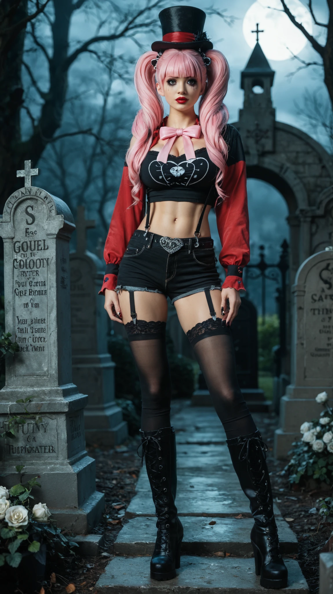 1 girl, alone, realistic style, modern gothic fashion, slim build, medium shot in 3/4 view, standing in a foggy graveyard surrounded by old gravestones, wearing a black lace crop top with thin straps, revealing her navel and toned stomach, paired with high-waisted black jeans with suspenders, red glossy high-heeled boots, large black top hat decorated with white roses, very long pink hair styled in thick side drills with straight bangs, charming and expressive eyes with long curled eyelashes, soft confident expression, gothic makeup with subtle eyeliner and bright red lipstick, large breasts, flat toned abdomen, mysterious and moody atmosphere, soft cinematic lighting, emulating a Canon EOS R5 with 85mm lens at f/1.4, composed using the rule of thirds, Asian, beautiful, (25 years old), toned stomach, charming, highly detail