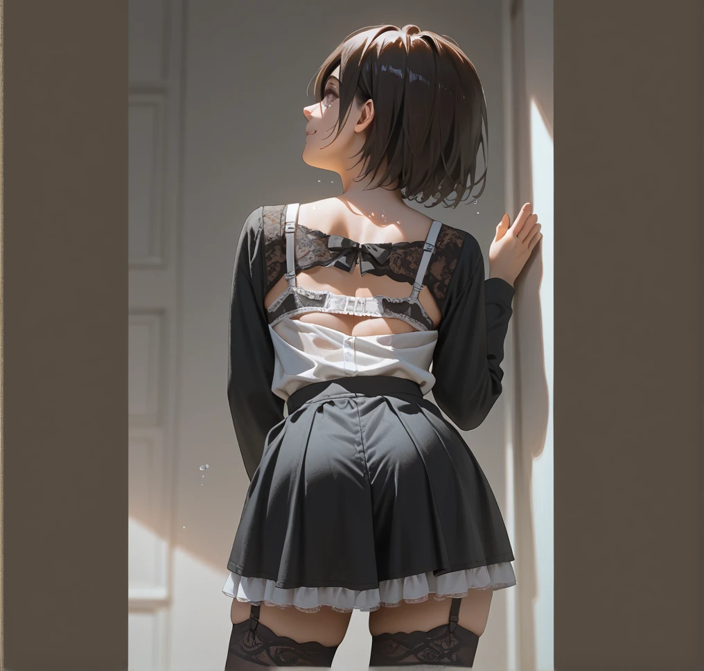 (girl1),(pretty),(Looking at the viewer's camera with the body turned to the viewer's camera:1.5) (himiko toga),(Character in the series boku no hero academia),(Short blond hair with two pulps and yellow eyes with pupils of Short blonde hair with two pulps and yellow eyes with cat pupils),(wearing) , +,(\dressed as a maid, and maid's outfit and super revealing on the back, I lowered the short skirt a lot, showing her legs, and a little of her panties, and the part of the apron at the back of the skirt is very low, showing her delicious buttocks, and over the maid uniform it looks like a very short and sexual bra, and she has an ass big and super big breasts, she is super busty and has very big buttocks)/