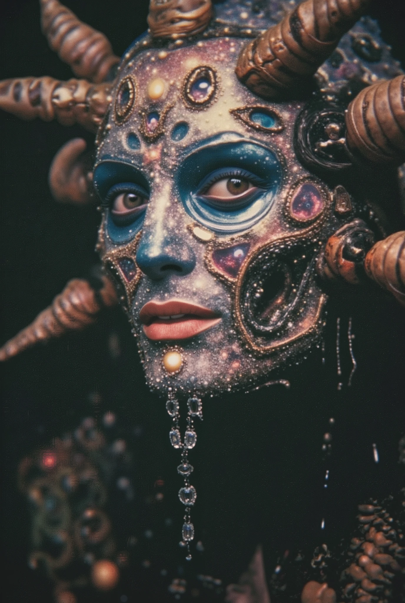 A close-up of the unknowable: a face made of galaxies and insect limbs, blinking slowly while weeping rivers of memories stolen from dying civilizations