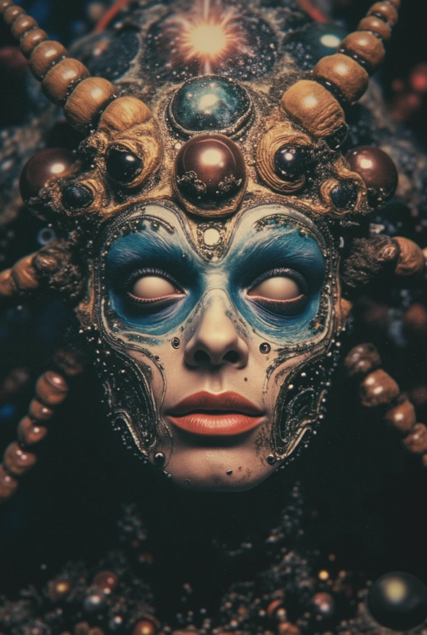 A close-up of the unknowable: a face made of galaxies and insect limbs, blinking slowly while weeping rivers of memories stolen from dying civilizations