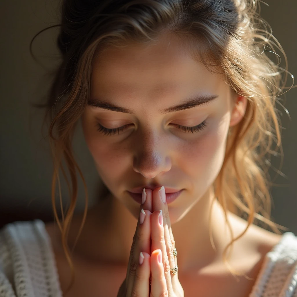 (photorealism:1.2), beautiful woman, Praying, in head down position