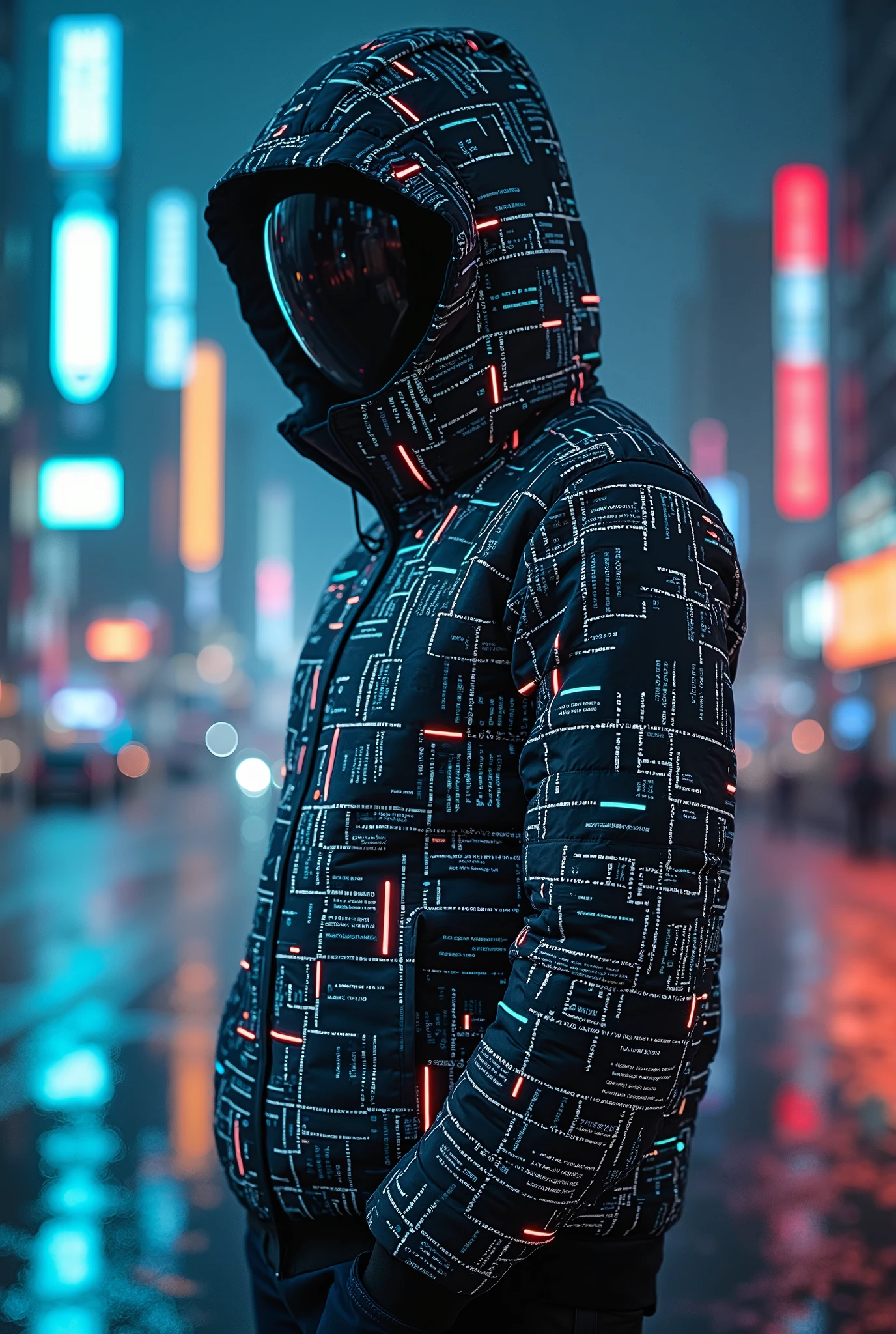 masterpiece, best quality, amazing quality,(Information terminal clothing, the clothing is a liquid crystal display, the clothing is a monitor screen, displays information,the clothing is like a thin smartphone attached to the whole body),Full body shot of an 1 standing man, electric jacket,hood, hidden face, glitch,solo,screens,(cyberpunk),futuristic,very aesthetic,SF,The background is city scape, reflecting the glitching effect.(digital art, cyberpunk aesthetic,, ultra-realistic details, dramatic lighting, high contrast, vivid colors, intricate textures), showcasing intricate details throughout, Cinematic, beautiful, vibrant, masterpiece, ultra HD, ultra-detailed, amazing quality, amazing artist, sharp edges, detailed textures, full view, atmospheric lighting, amazing visuals