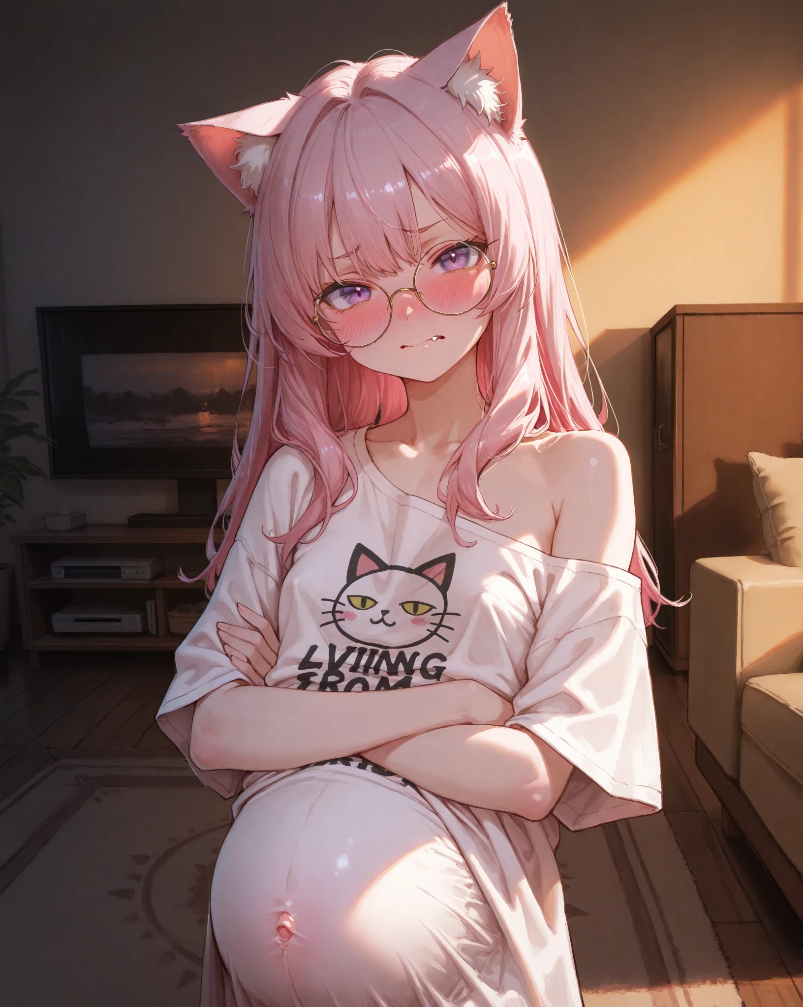 long pink shirt with a kitten drawn on it, with dragon horns, no pants, long pink hair, little tits, lying on the sofa with a sexy pose, holding the cell phone, naked, showing pussy with open legs