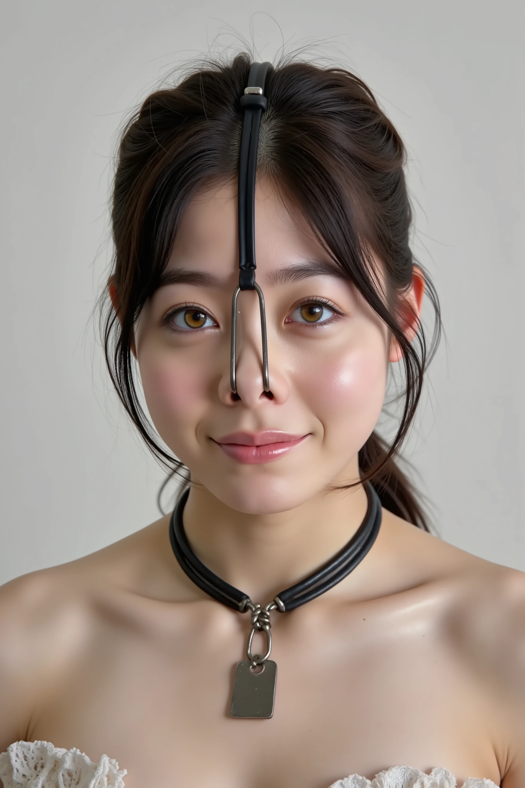 A high resolution photograph of a Japanese adult woman, masterpiece, photo-realistic, natural lighting, film grain, portrait, fashion shoot, solo, 1girl, off-shoulder dress, black hair, tilted head, detailed face, detailed eyes, amber eyes, beautiful pupils, sophisticated nose, pale skin, fine-textured skin, full smile, dimples, pet-collar with a tag, earrings, jewelry, (nose hook with chain wrapped around top of her head, nose hook makes her nose look like a pig snout, hooking in her nostrils:1.5), (portrait, front view, view from below, facing up, chin-up, face focus:1.4), close-up of face, simple background,
