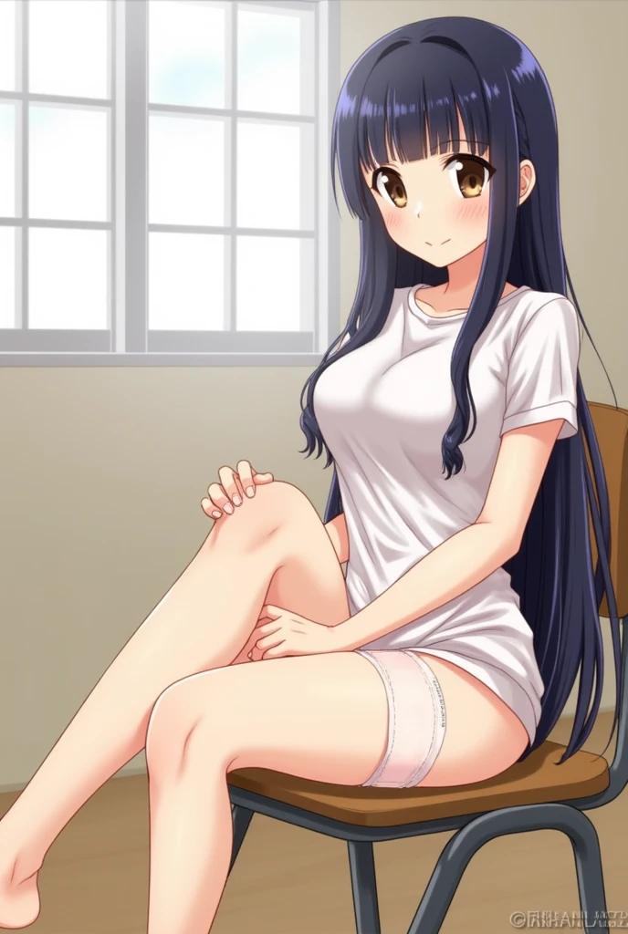 (8K, Highest quality, Highest quality, masterpiece), sit on the floor, spread legs, (((denim hot micro shorts))), (her shorts is white), ((partially visible vulva)), cameltoe, short shirt, big breasts, (fullbody), ((seductive grin)), 1girl, ((long hair, black hair)), anime girl