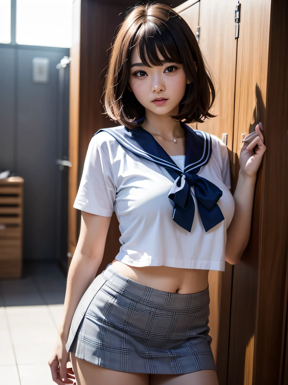 Highest quality、masterpiece:1.3、Ultra-high resolution、18k、photoRealistic:1.1、1 Girl、solo、18-year-old、high school girl、uniform、medium long bob cut、Brown Hair、bangs、Double eyelids、Brown eyes、Long eyelashes up and down、eye shadow、Heavy makeup、Medium bust : D Cup、Sexy light blue bra with floral pattern、classroom、(Lying on the desk、Japanese office lady showing off her panties:1.1)、((Please lie on your back:1.4))、(Short sleeve shirt、紺と白のチェック柄skirt、Red ribbon tie、Black socks)、Wet Panties、((Spread your legs out to the side:1.4))、((Look Viewer:1.4))、Bold Pose、The pose is random、Emphasis on the crotch、(Bold cut white thong panties)、Realistic、skirt、(((アップskirt、skirtリフト)))、(((View from below:1.5)))、Realistic skin texture、Realistic、((Panties close up:1.5))、Embarrassed look、Realistic skin texture、The most beautiful woman in the world、Super cute、Miss School