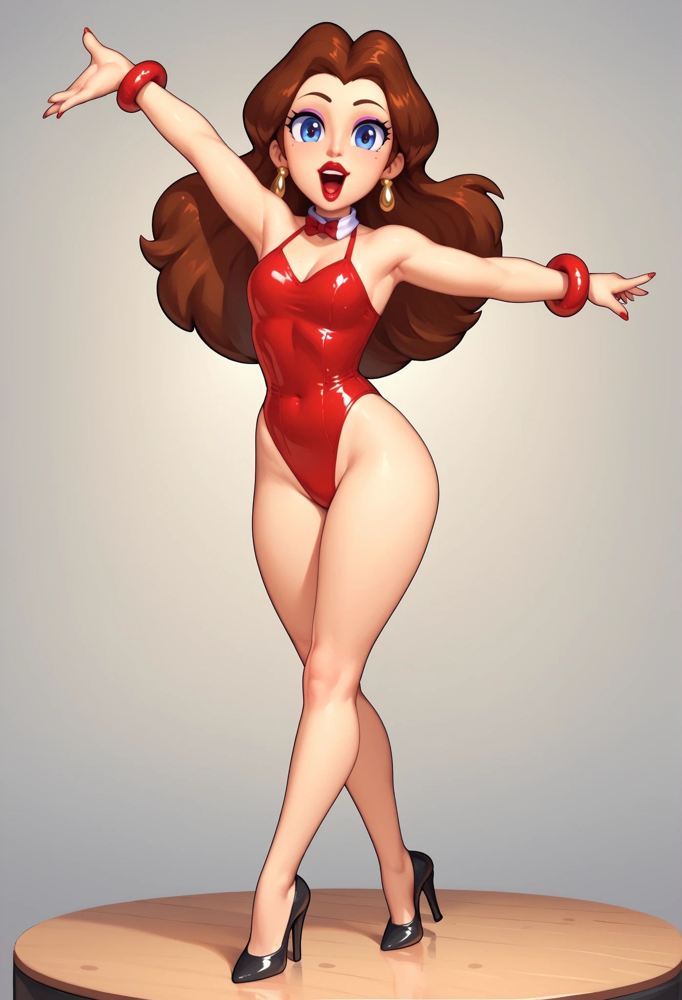 Cute Pauline, short height, wearing a sparkling shiny red leotard, black Mary Jane strap tap heels,,performing on stage, black mix with brown hair, eyes are centered,, while standing and tap dancing cute on a small wood board tap dancing, red bow with a white collar on her neck, her cute tapping feet clicking and clacking, natural beautiful makeup, facing you with her body while tap dancing, her arms are down and her wrist are bend sideways while tap dancing
