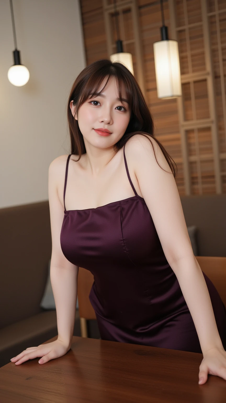 Beautiful sensual and erotic woman with a curvy body, long full black hair, bangs, loose bun, widest waist, thicc, beautiful fitting breasts, curvy accentuated booty, olive green eyes, detailed sparkling eyes, long eyelashes, sensual smile, thick thighs, Strong calves, taniaayusiregar, It is night, it is raining, people are not recognizable, she stands and waits at a busy Restaurant, smiles uncertainly to the camera, She wears a elegant evening dress, dress is colored burgundy, photorealistic, Masterpiece, bokeh, Volumetric lighting, low light, sensual atmosphere, close up shot, picture is shot from the front, full body view, wearing a sneakers, fat belly