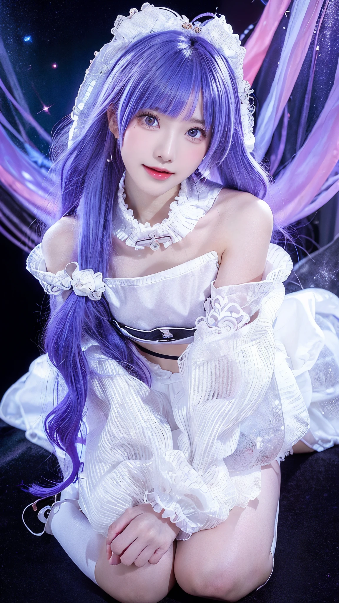 1 Girl, Ahog,White skirt,pink hair,hair,white pantyhose,split sleeves,independent collar, Single_side_OK, (Asian Beauties), ((full body)), (night, starry sky, space scene), (Slim athletic body: 1.1), (You can see : 0.8), (smooth skin, no deformities : 1.2), relaxed position, Sexy long legs, Very short skirt , head tilted, charming smile, Gently lift the hem with your hands, long fluffy hair, exquisite features: (big bright eyes, Long Lashes: 1.1), the corners of the mouth are slightly raised, Gentle and confident expression, (Honesty: 1.1) 1.2), high detail, soft lighting, Warm colors